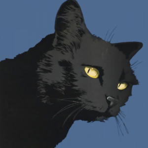 black cat with yellow eyes against a blue background