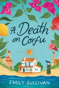 Cover of Death on Corfu shows a white house surrounded by flowers and lemon trees. 