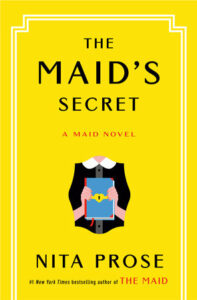 Cover of The Maid's Secret, showing a maid's uniform and hands holding a locked diary against a yellow background.