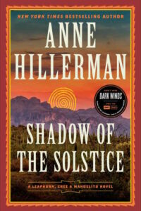 Cover of Shadow of the Solstice shows a spiral shape like a setting sun over a purple mountain range.