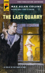 Cover of The Last Quarry shows a man holding a gun outside a window through which we can see a woman getting undressed.