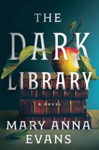 Cover of The Dark Library shows a stack of books topped by an apple with a bite taken out of it.