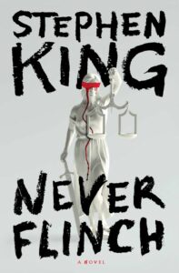 Cover of Never Flinch shows a white statue of Lady Justice with a red blindfold that drips like blood.