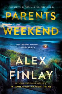Cover of Parents Weekend shows a gate leading to a sandy beach with four distant figures around a fire.