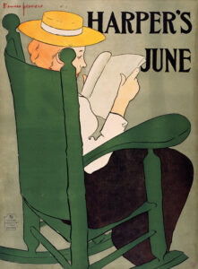 Image shows an 1896 illustration by Edward Penfield for Harpers magazine showing a woman in a yellow hat reading in a green rocking chair.