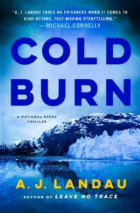Cover of Cold Burn shows a rugged hill and glacier beside water using blue tones.