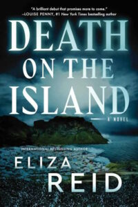 Cover of Death on the Island shows a rocky headland jutting into the sea with a lighthouse shining out to sea under a cloudy sky.