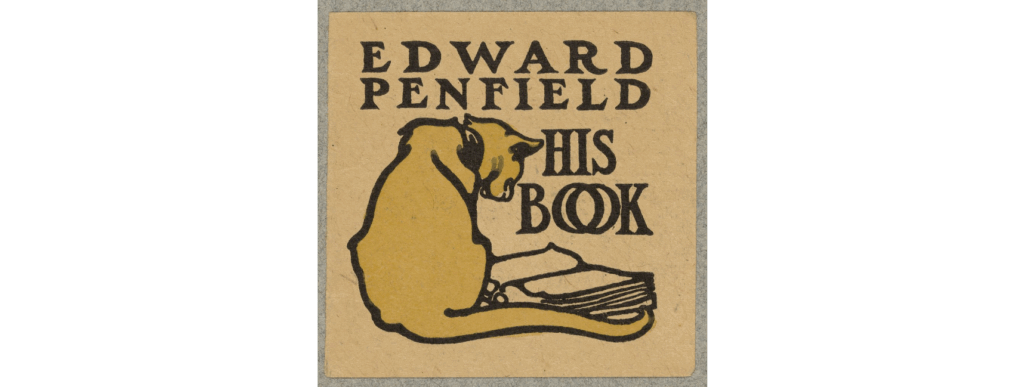 Bookplate shows an illustration of a seated cat looking down at an open book, with the words "Edward Penfield His Book" 