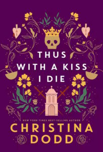 Cover shows flowers, bowls, daggers, and a crowned skull against a purple background mimicking Elizabethan embroidery. 