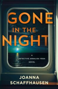 The cover of Gone in the Night shows the moon over dark water seen through a window from a train or ship. 