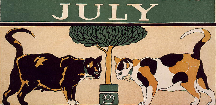 Image shows an illustration of two cats facing each other beside a potted tree from an 1898 poster