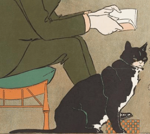 Image shows a black and white cat sitting beside someone reading a book, taken from an 1898 poster by Edward Penfield. 