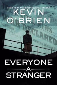 Cover of Everyone a Stranger shows a woman standing by a railing with a image of a Seattle newspaper in the background with the headline "war declared" 