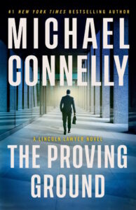 Cover of The Proving Ground shows a man in a suit holding a briefcase walking away from the viewer past columns of a modernist court building 