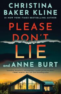 Cover of Please Don't Lie shows a modernist house with its windows illuminated and two figures standing apart looking out. 