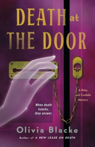 Cover of Death at the Door shows a ghostly hand unlocking a door. 
