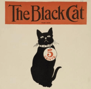Illustration shows a black cat and the header "the black cat" from an 1895 magazine poster.