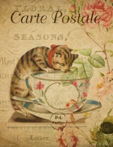 Image shows antique French post card of a cat drinking from a teacup.