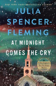 Cover of At Midnight Comes the Cry shows a white church steeple against a dark sky, with snow flakes falling.