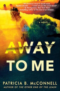 Cover of Away to Me shows a watercolor of an areal view of a small farmhouse and trees beside a yellow field.