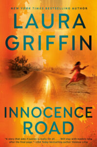 Cover of Innocence Road shows a woman in a dress dashing across a road in a landscape suffused with yellow sunlight.