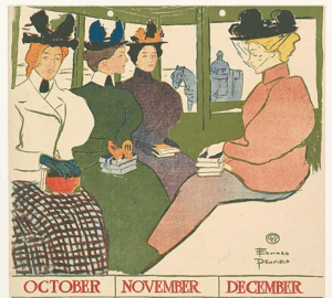 Image shows an Edward Penfield illustration of women holding books while on a trolly from an 1897 calendar