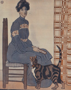 Image shows a Penfield illustration of a woman sitting with a book as a cat looks on.