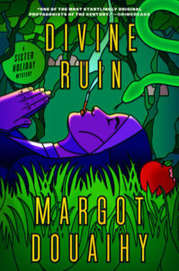 Cover of Divine Ruin shows a nun lying on grass beside an apple with a bite out of it and a snake nearby.
