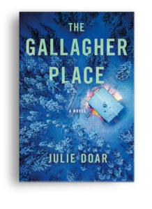 Cover of The Gallagher Place shows an aerial view of a snow-covered pine forest and the roof of a house, lights from its windows showing yellow against the snow, the rest of the cover in shades of blue.