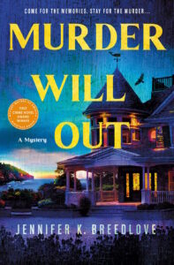 Cover of Murder Will Out shows a Victorian house beside the water at dusk. 