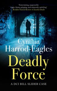 Cover of Deadly Force shows the silhouette of a male figure walking through an underpass beside a canal, all in shades of blue.