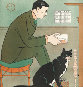 Image is from a February Harper's cover by Edward Penfield showing a man reading a book with a black cat at his feet.
