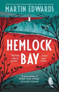 Cover of Hemlock Bay shows a blue cliff topped by a lighthouse jutting into a red bay. 