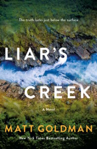 Cover of Liar's Creek shows an aerial view of a stream running between rocky banks, flanked by trees.