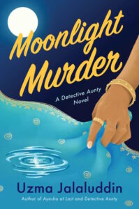 Cover of Moonlight Murder shows a hand extended to touch the surface of water under a full moon. 