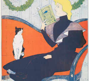 Image shows an Arthur Penfield illustration from Harper's with a woman reading on a couch beside a black and white cat.