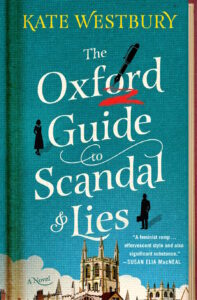 Cover of The Oxford Guide to Scandal and Lies shows a pen leaking blood and figures of a woman and man above spires of Oxford backed by clouds.