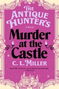 Cover of Murder at the Castle shows the title framed in a period decorative border with two sconces and a line drawing of a castle against a purple background. 