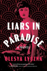 Cover of Liars in Paradise shows a woman with bobbed hair against an art deco patterned wallpaper.