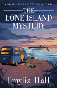 Cover of The Lone Island Mystery shows a camping van parked on a rocky shore overlooking the sea with an island in the distance.