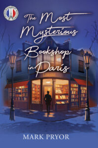 Cover of The Most Mysterious Bookshop in Paris shows a lit-up corner bookshop with a figure standing at the door against a twilight-blue background.