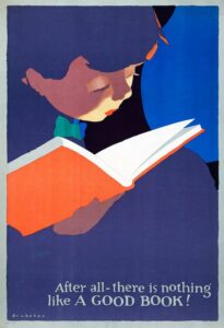 Image shows a poster of a child poring over an open book.
