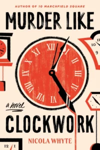 Cover of Murder Like Clockworks shows a drawing of a clock face; the minute hand is in the shape of a knife, with blood dripping from it.
