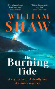 Cover of The Burning Tide shows a seashore in the foreground with a house on fire on a slope rising above the waves, all done in dark shades of blue.