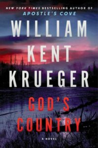 Cover of God's Country shows a landscape of pines and water reflecting a dark sky, band of red along the horizon.