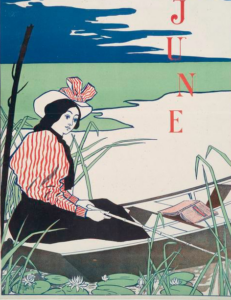 Image shows an Edward Penfield magazine cover for June featuring a woman in a boat with an open book. 