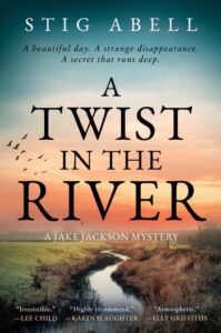 Cover of A Twist in the River shows a stream winding through countryside, the sky overhead blue, but reddish toward the horizon.