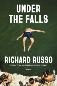 Cover of Under the Falls shows boys sitting on a stone wall over a body of green water, a boy diving backward into it. 