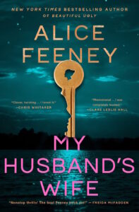 Cover of My Husband's Wife shows a dark shoreline with a brass key superimposed on it, a woman's profile cut out in the top of the key. 