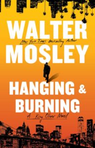 Cover of Hanging and Burning shows the outline of the LA skyline (upside down) at the top, New York's skyline at the bottom, and in between against a yellow and orange background a man walking. 